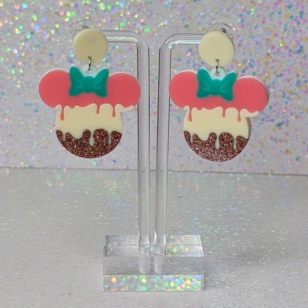 Minnie Mouse pink white and brown drop earrings